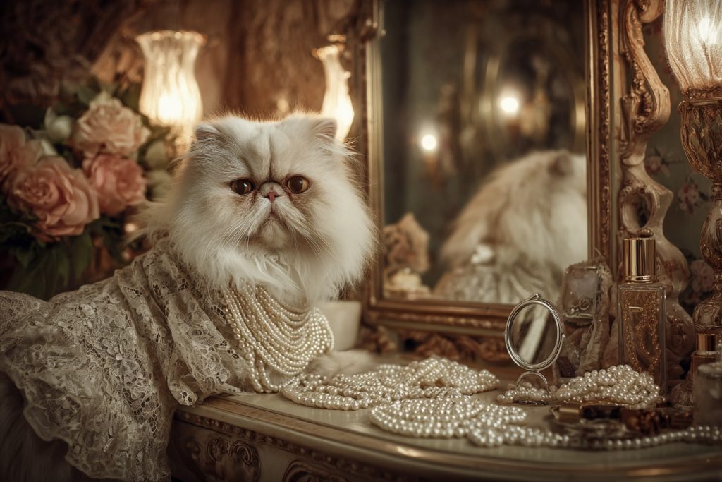 A regal Persian cat transformed into a glamorous scene.