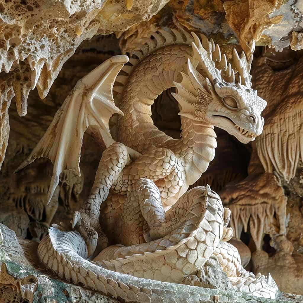 A sculpture of a dragon in a cave.
