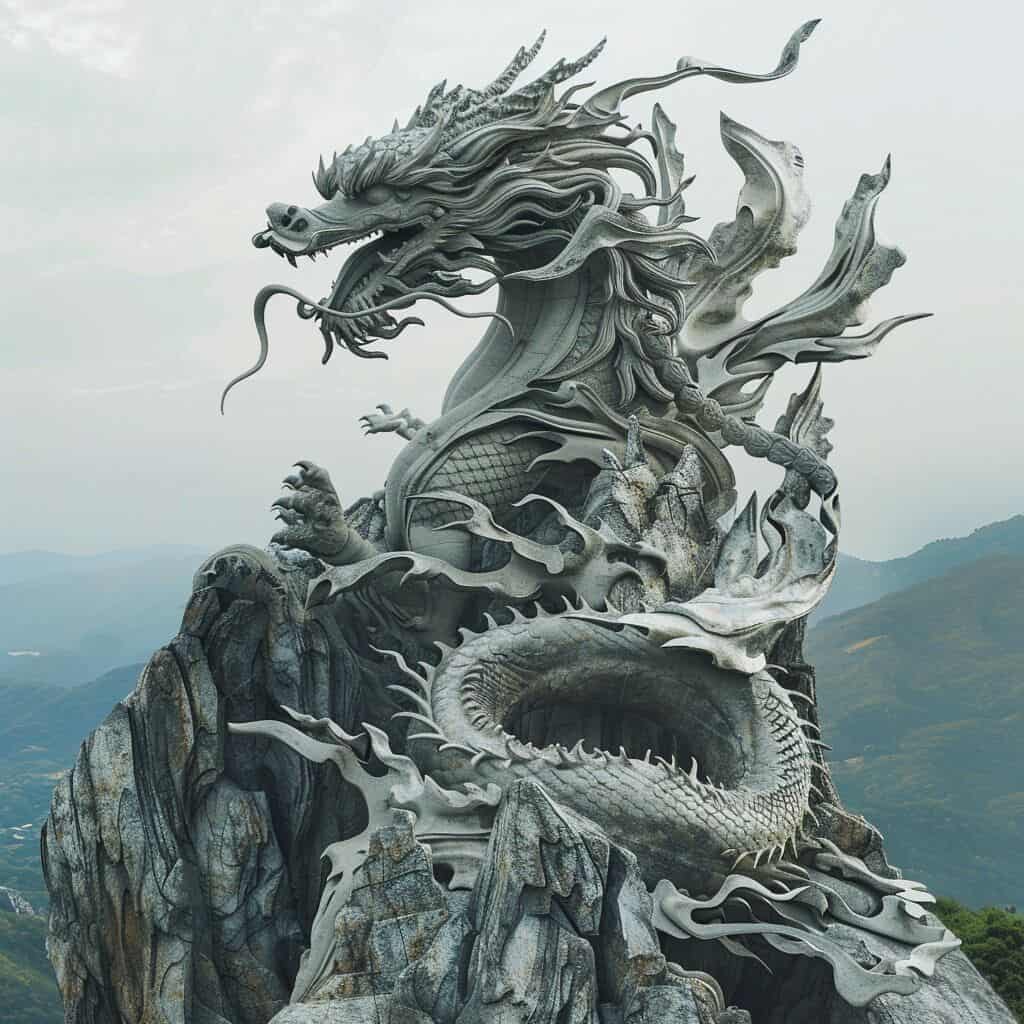A sculpture of a dragon on a mountain.