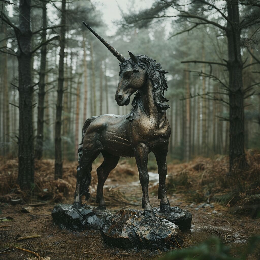A sculpture of a unicorn in a forest.