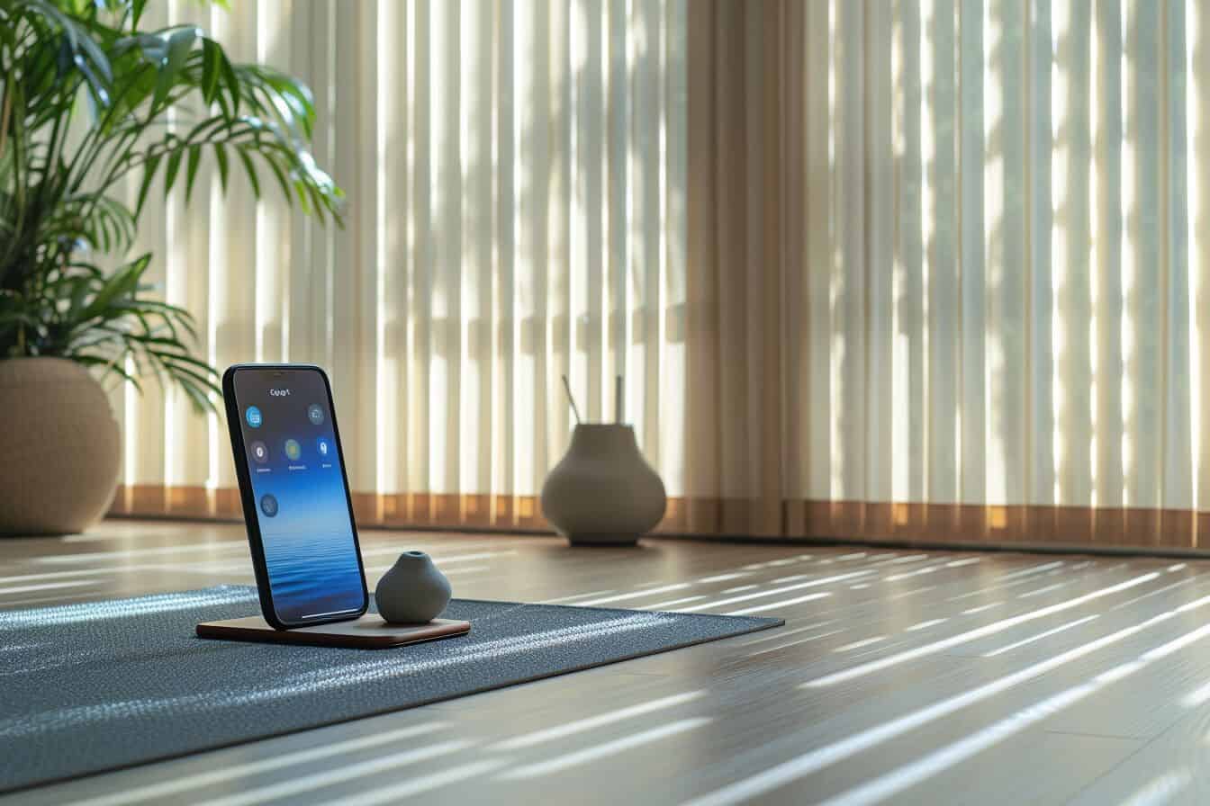 Peaceful space with a device showing ChatGPT offering mindfulness tips, surrounded by a yoga mat, plant, and calming diffuser for mental well-being.