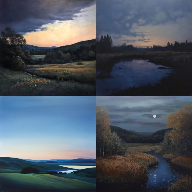 4 different images of a serene landscape at dusk midjourney stylize value of 50