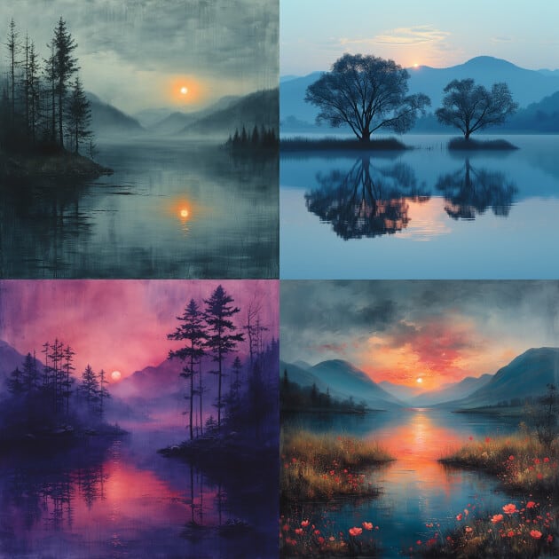 4 different images of a serene landscape at dusk midjourney stylize value of 750