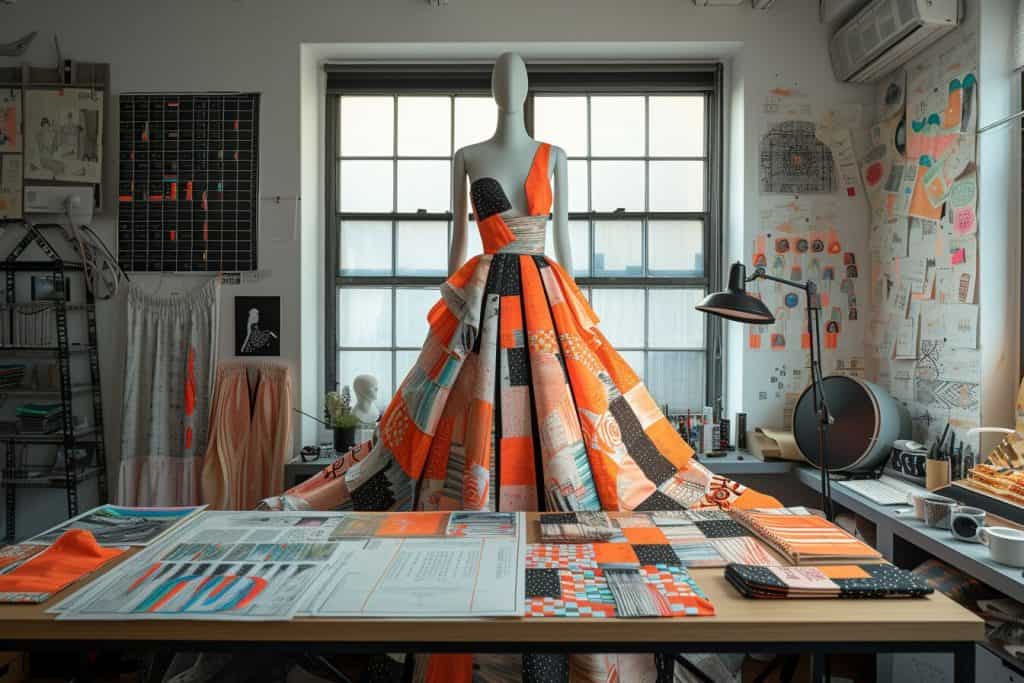 Fashion design studio featuring a mannequin in an avant-garde dress with AI-generated patterns, blending traditional and cutting-edge design elements.