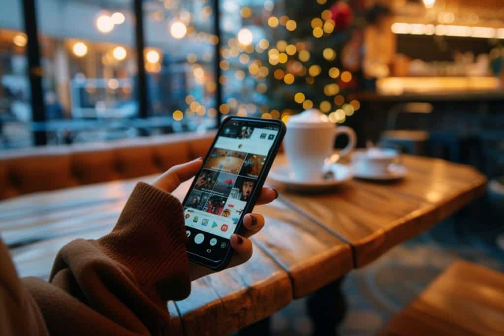 Hand holding a smartphone, scrolling through an AI-curated social media feed in a cozy café, connecting users with shared interests.