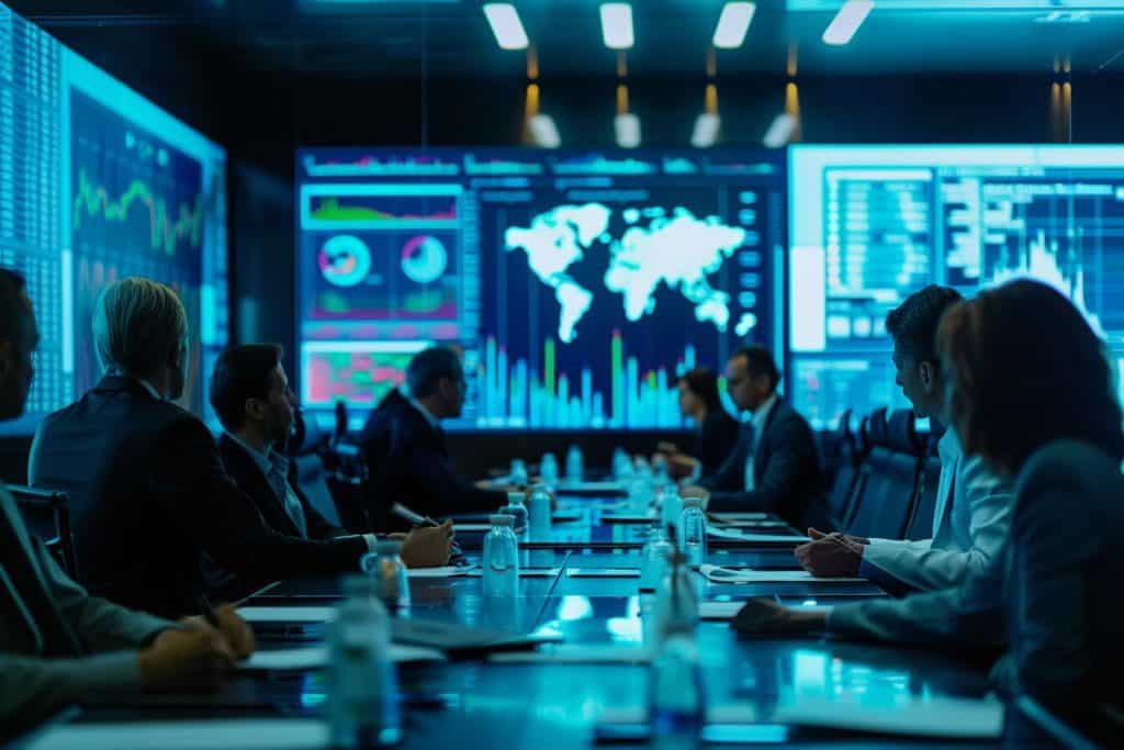 Business leaders in a boardroom reviewing AI-generated data analysis, facilitating data-driven decision-making and strategic planning.