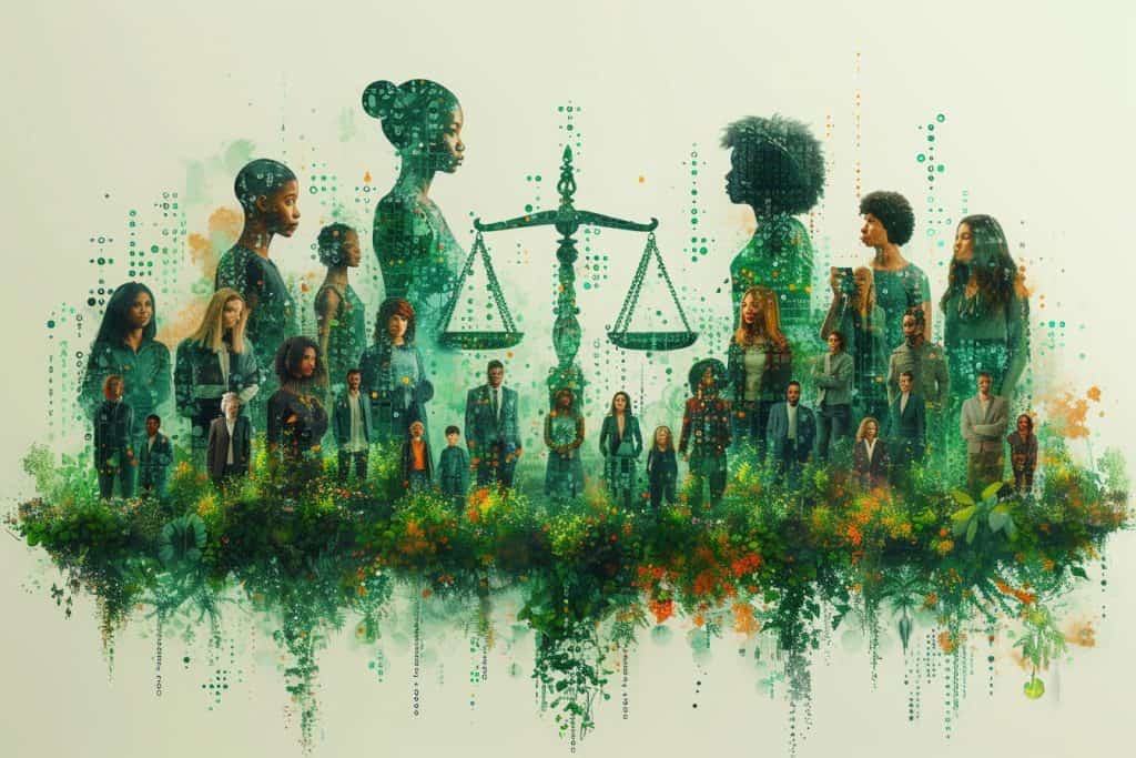Illustration of a scale balancing AI benefits and ethical challenges with diverse individuals reflecting various emotions, symbolizing AI's complex ethical landscape.