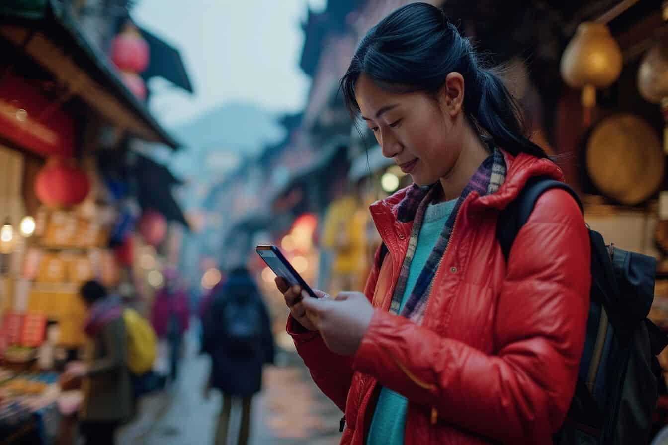 Traveler using smartphone to consult ChatGPT for language translation in a bustling city square, facilitating conversation with a local shopkeeper.