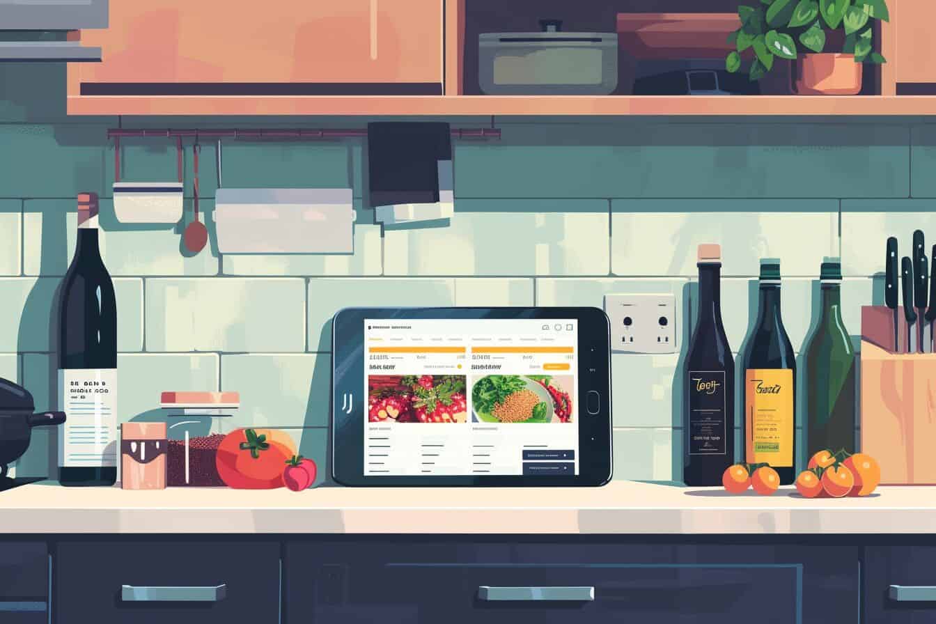 Inviting kitchen scene with a tablet showing ChatGPT recipe suggestions and ingredients arranged for cooking, encouraging culinary exploration with AI.