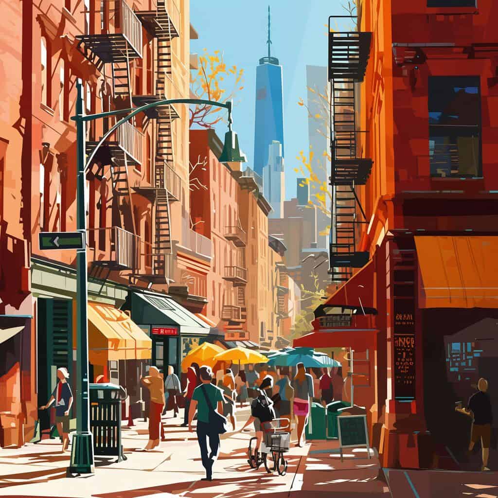 a vibrant street scene in New York during day