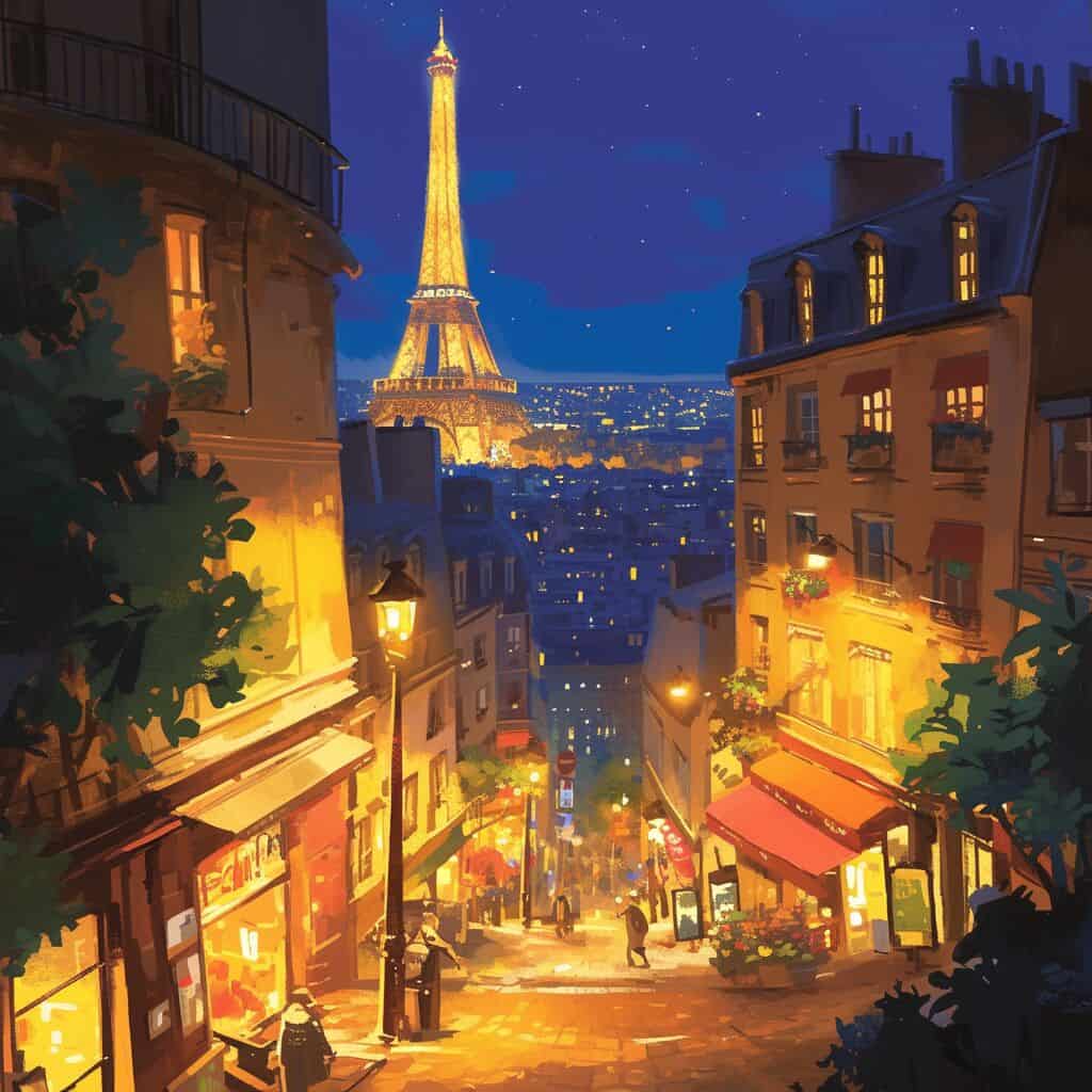 a vibrant street scene in Paris during night