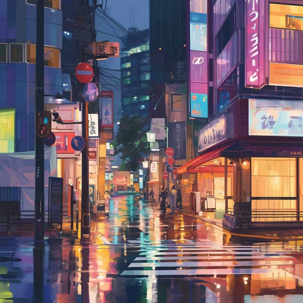 a vibrant street scene in Tokyo during the night