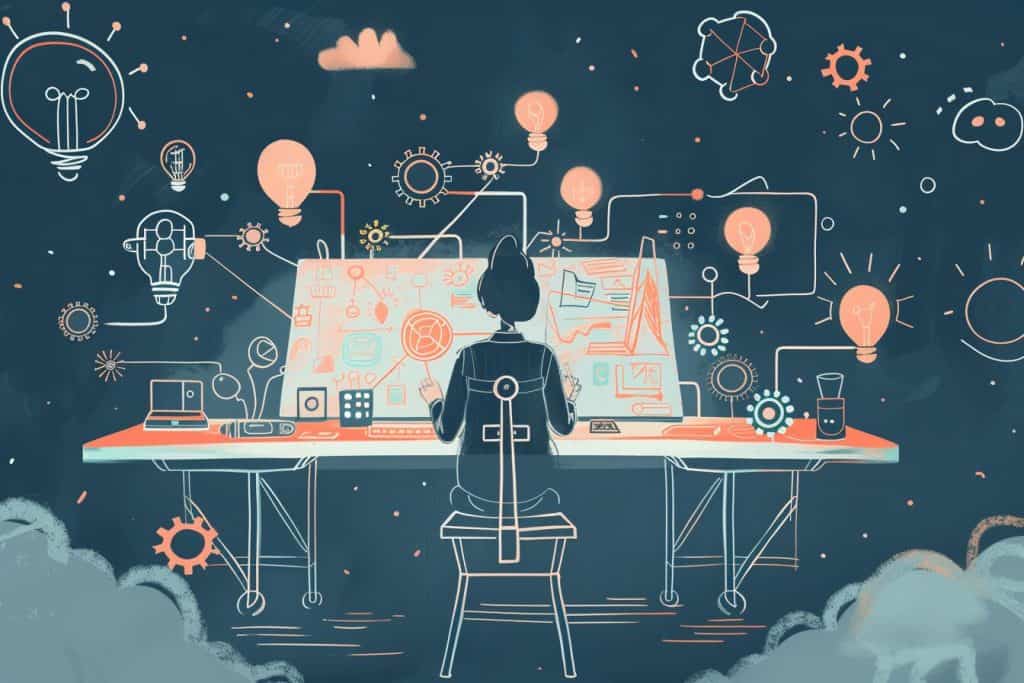Cartoon of a person designing a RISE Framework blueprint, surrounded by icons of innovation and AI, emphasizing the creative process of prompt engineering.