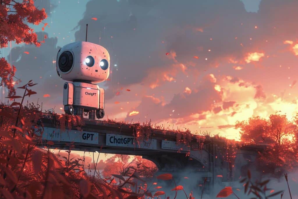 Animated scene with a user and a friendly ChatGPT robot building a communication bridge with blocks labeled by the CARE framework, set in a digital landscape.