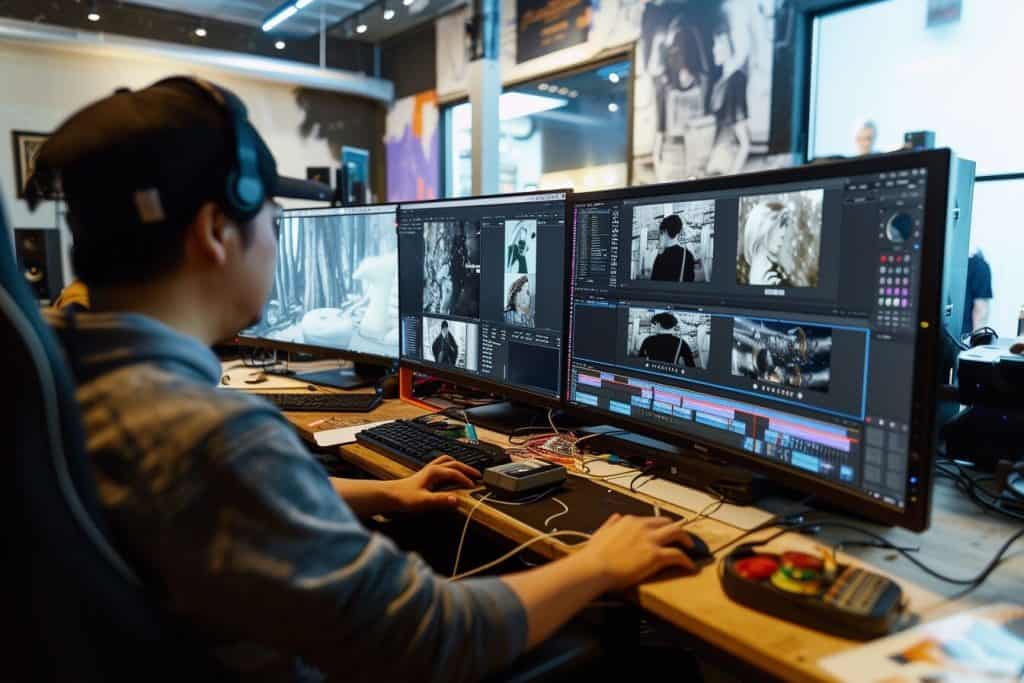 Animation studio with AI creating hyper-realistic effects and curating personalized content, illustrating AI's creative influence in entertainment.
