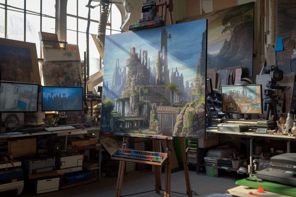 Artist's studio with a mix of digital and traditional concept art for a game or film, including a futuristic cityscape, character designs, and environmental sketches.