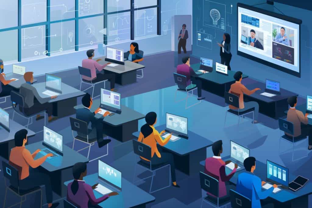 An engaging classroom where employees are learning about AI.