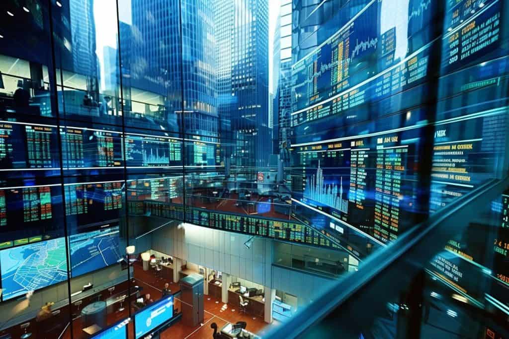 Modern financial trading floor with AI monitoring data and flagging fraudulent transactions, emphasizing AI's transformative impact on finance.
