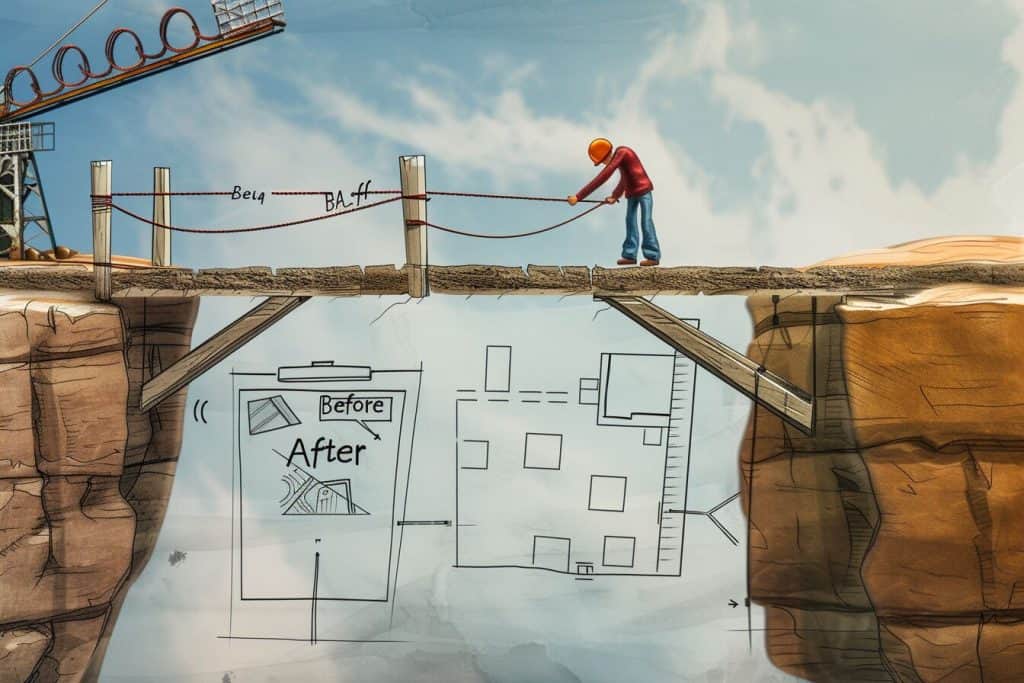 A drawing of a builder building a bridge.