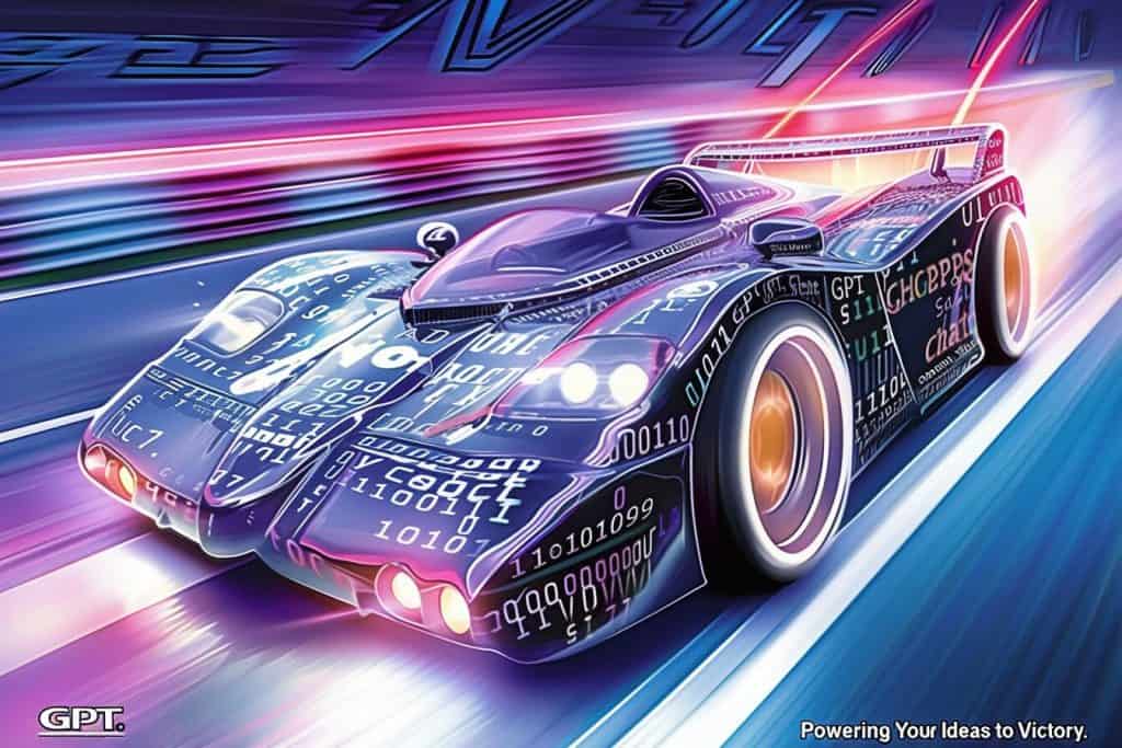 Digital painting of a futuristic supercar representing ChatGPT on a racetrack, inviting the viewer to drive, with binary code patterns.