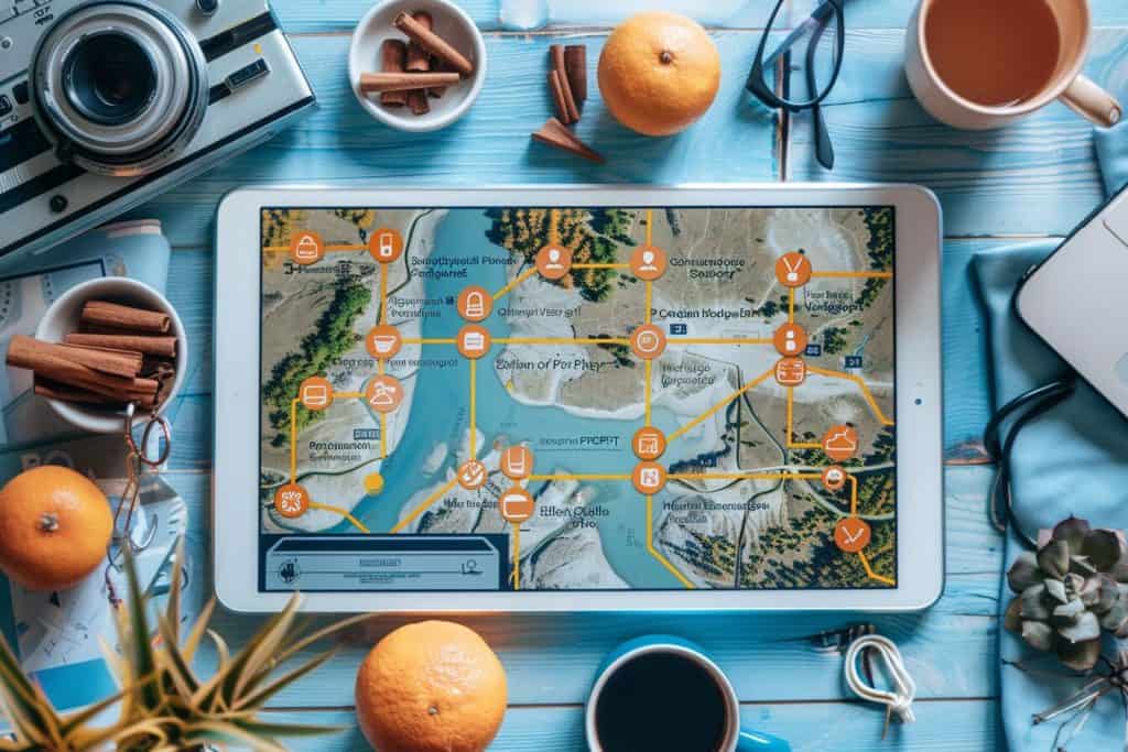  Digital tablet displaying a flowchart with multiple travel planning routes using ChatGPT, surrounded by travel icons and images over a map.