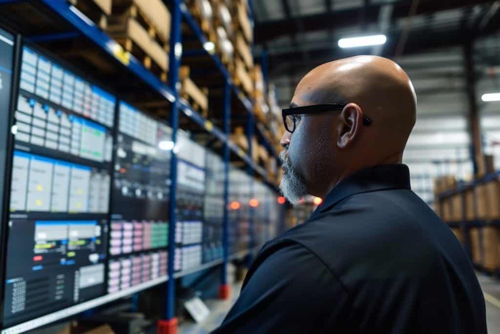 Operational manager using predictive analytics for inventory management in an AI-optimized warehouse, streamlining operations and reducing errors.