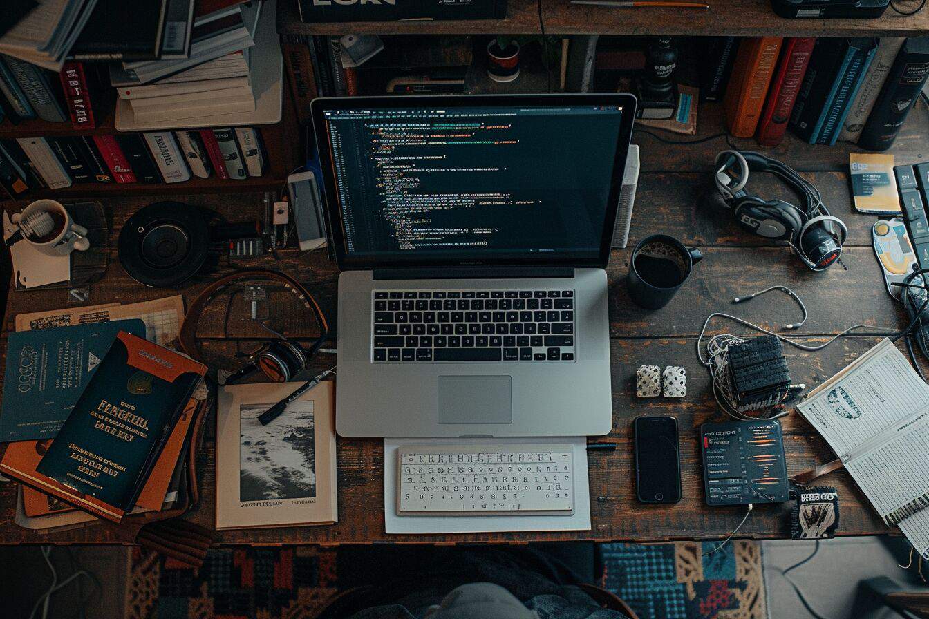 Developer's workspace with laptop and monitor showing ChatGPT assisting with coding, surrounded by programming books and notes.