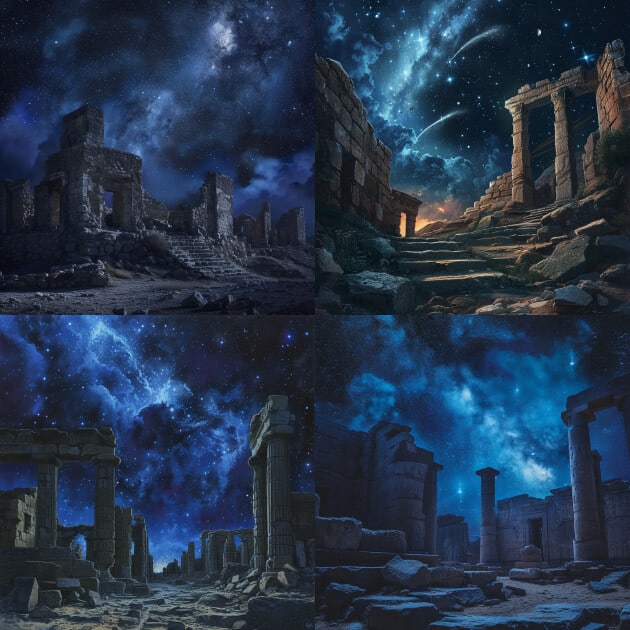 Four pictures of ancient ruins under a starry night sky with a medium midjourney stylize parameter value.