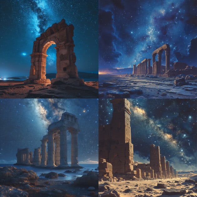 Four pictures of ancient ruins under a starry night sky with a high midjourney stylize parameter value.