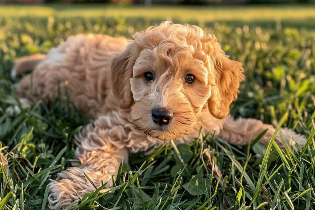 Labradoodle laying in the grass.