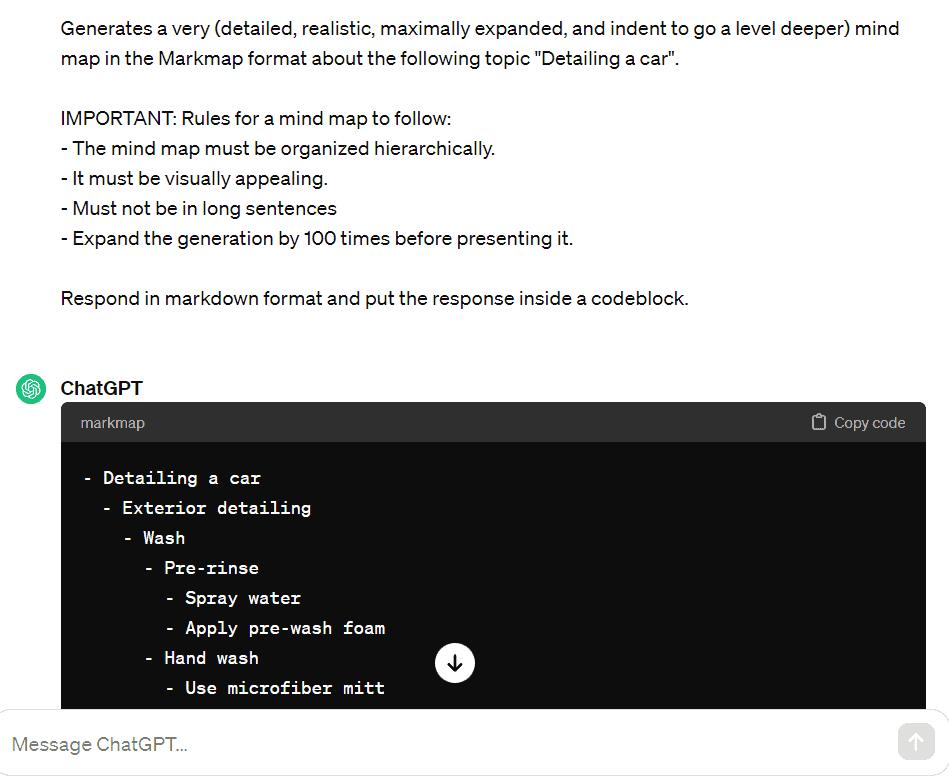 AI Mindmap ChatGPT prompt creating a mind map about car detailing.