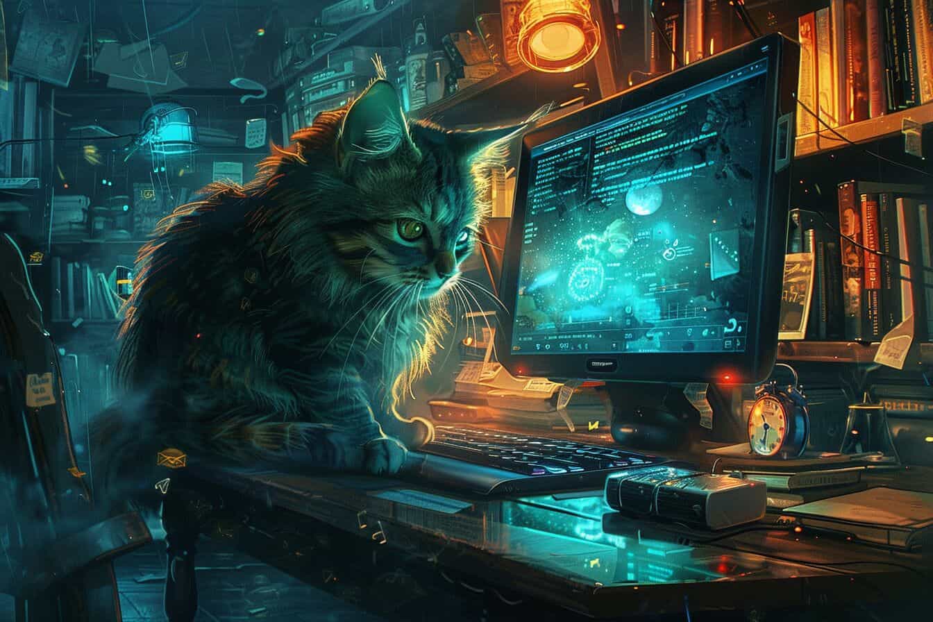 A cat sitting in front of a computer monitor while ChatGPT is re-writing content on the screen.