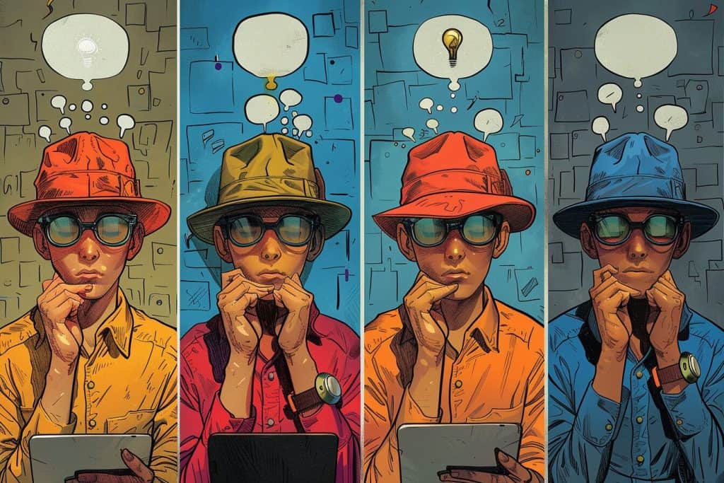 Comic strip of a man wearing different colored hats.