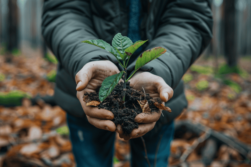 A person holding a small plant in clasped hands.