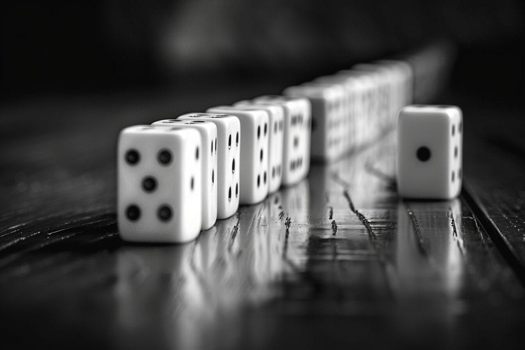 Dominoes lined up in a row.