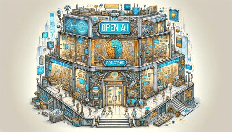 Illustration of a futuristic OPEN AI GPT Store, with a central brain icon above the entrance and various AI-themed visuals and symbols on the storefront. Detailed technological and digital motifs adorn the building, showcasing a blend of mechanical and electronic designs. People are depicted interacting with the technology-themed environment, highlighting the integration of AI in everyday life.