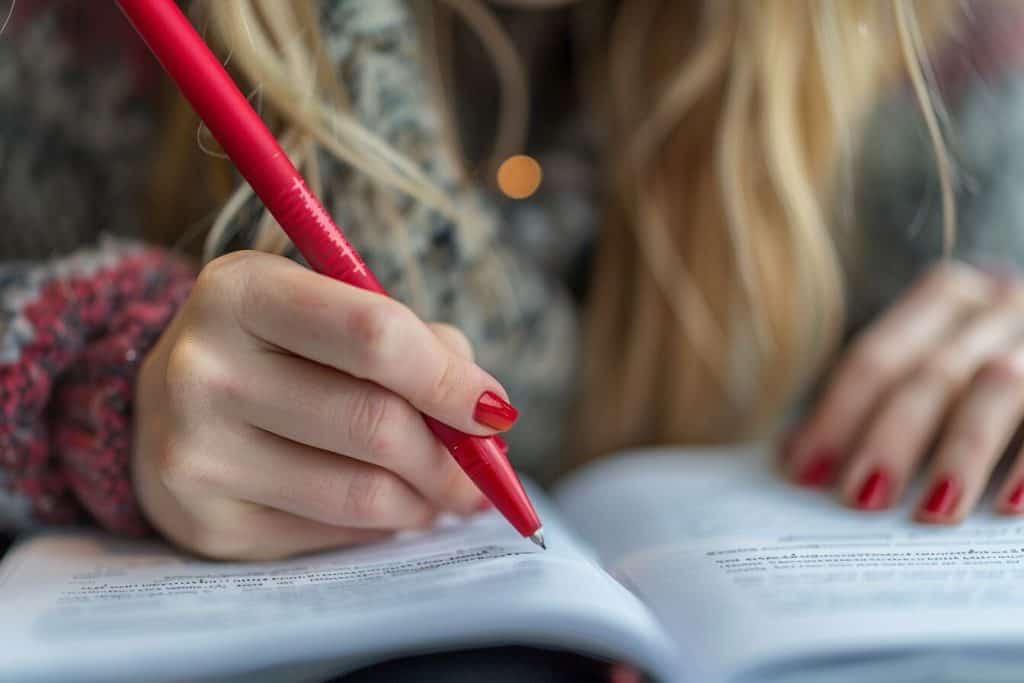 Using red pen to review a report.