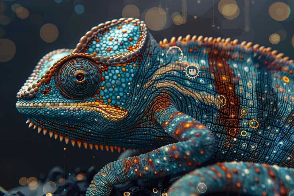 A chameleon with its skin morphing into tech symbols.