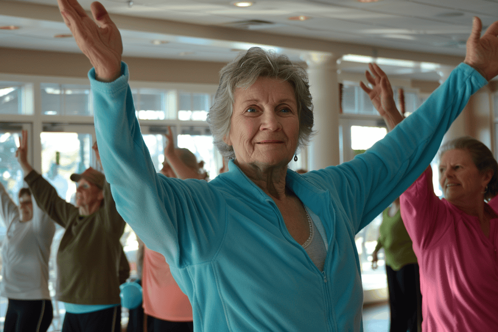 A group of seniors doing a fitness program.