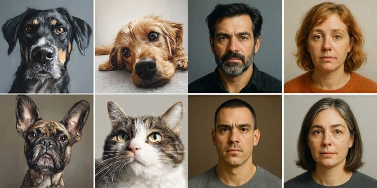 Four pets, 3 dogs and a cat, transformed into their human versions.