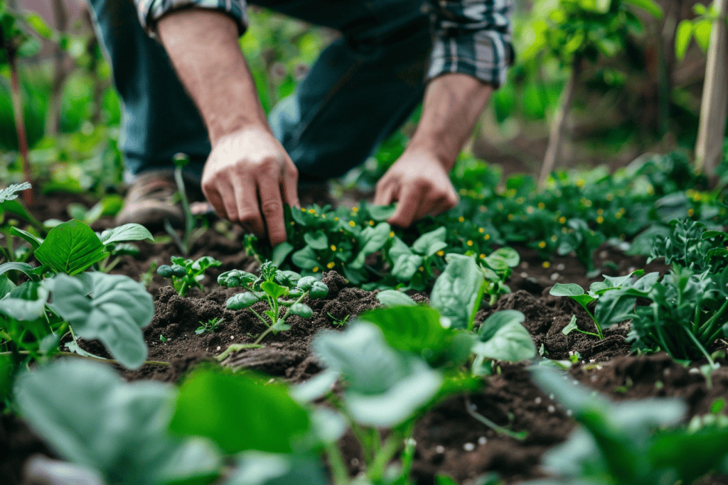 A close up of two hands tending to some plants in the garden.