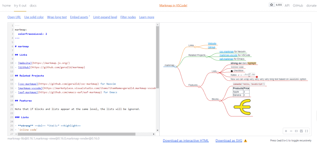 Markmap interface showing examples of the features for your mind maps.