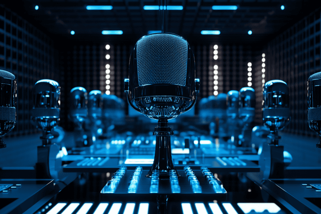 a high-tech recording studio filled with microphones and monitors, a digital interface showcasing real-time voice cloning across languages, symbolizing MiniMax’s T2A-01-HD model