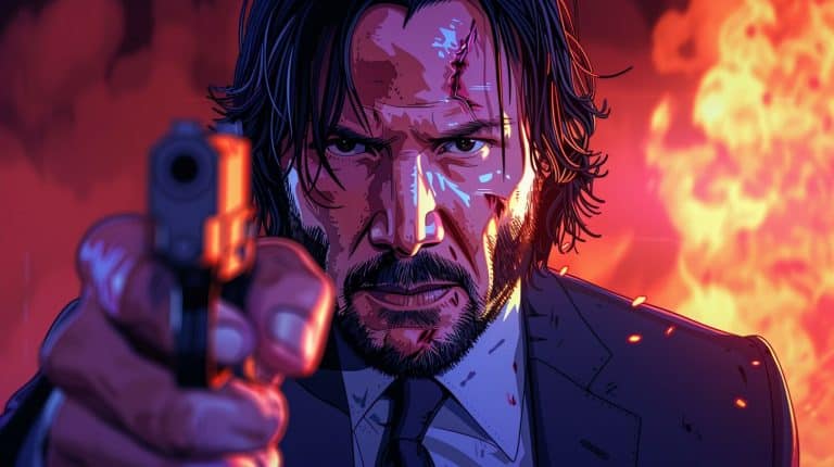 Midjourney John Wick prompt image of John Wick guns drawn.