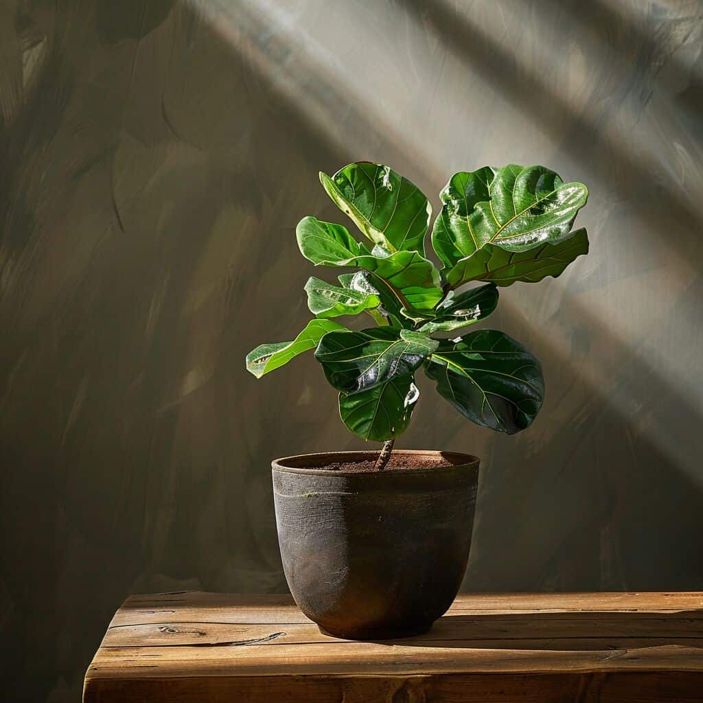 A fiddle leaf fig on a wooden table.