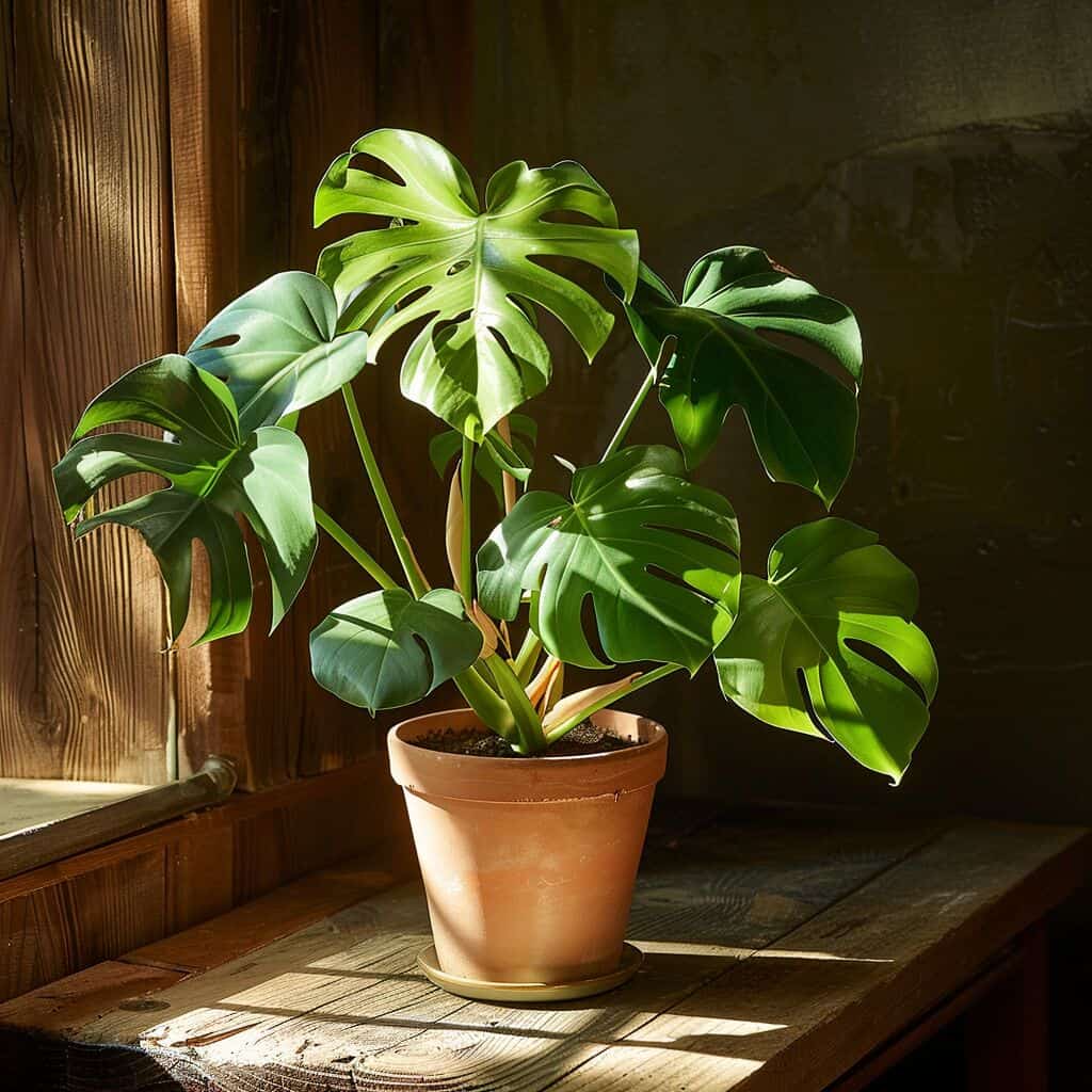 A Monstera deliciosa on a wooden table.