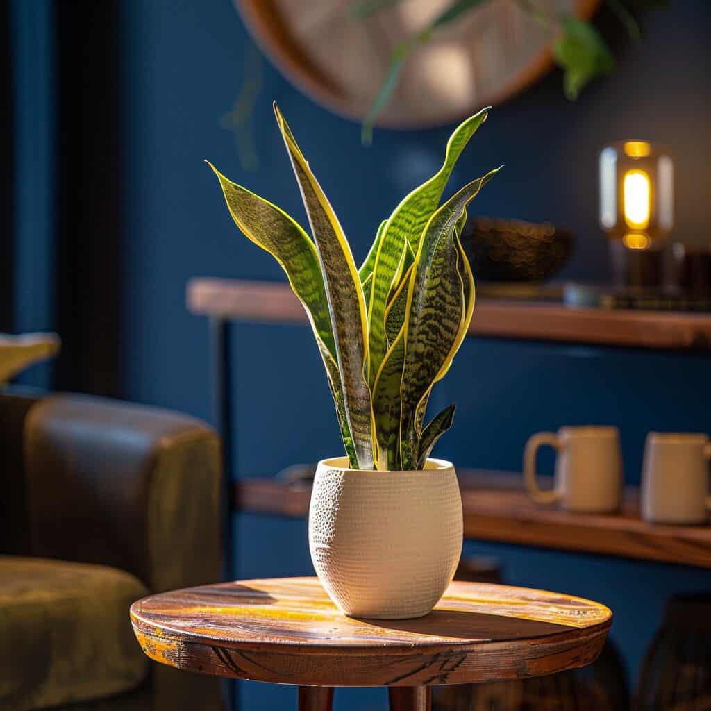 A snake plant on a wooden table.