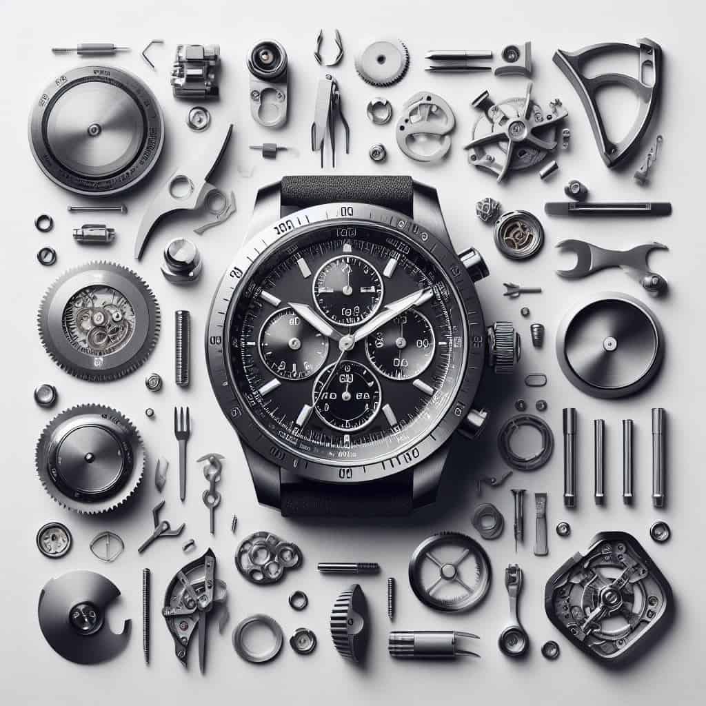 An overhead product mockup shot of an exploded watch.