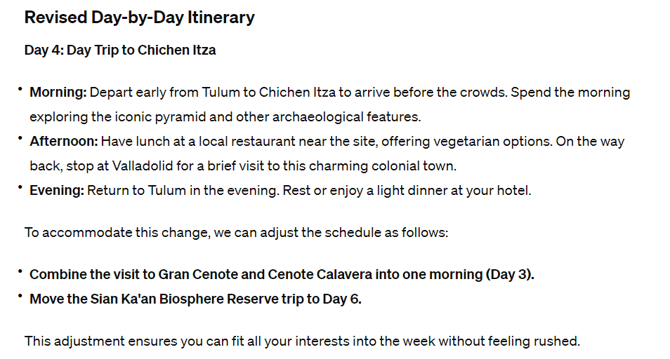 A revised travel schedule from ChatGPT after asking for revisions.