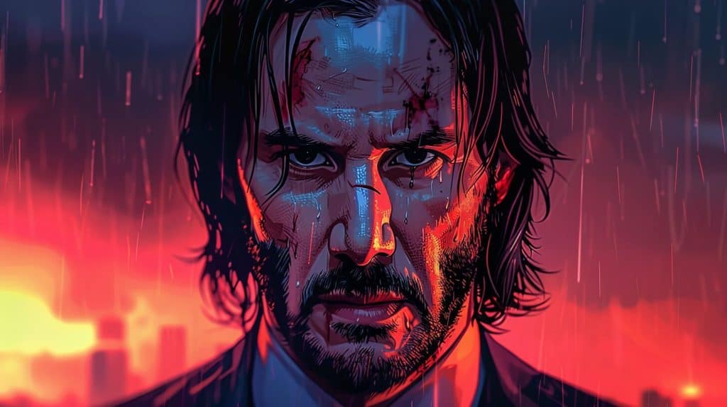 Rotoscope animation style portrait of John Wick.